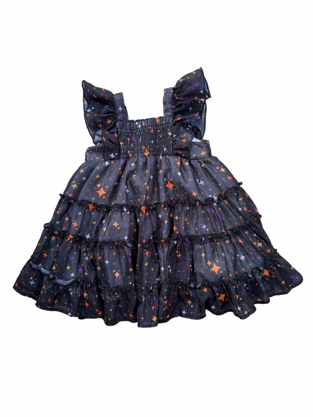 Cheeky Plum Size 2T Black Orange Smocked Halloween Fall Shiny Tiered Dress